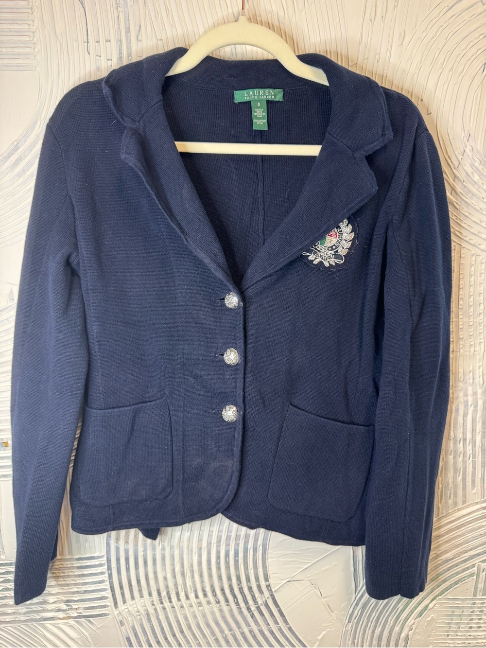 Lauren Ralph Lauren Women’s S Navy Crest Knit Blazer Cardigan Bullion Patch